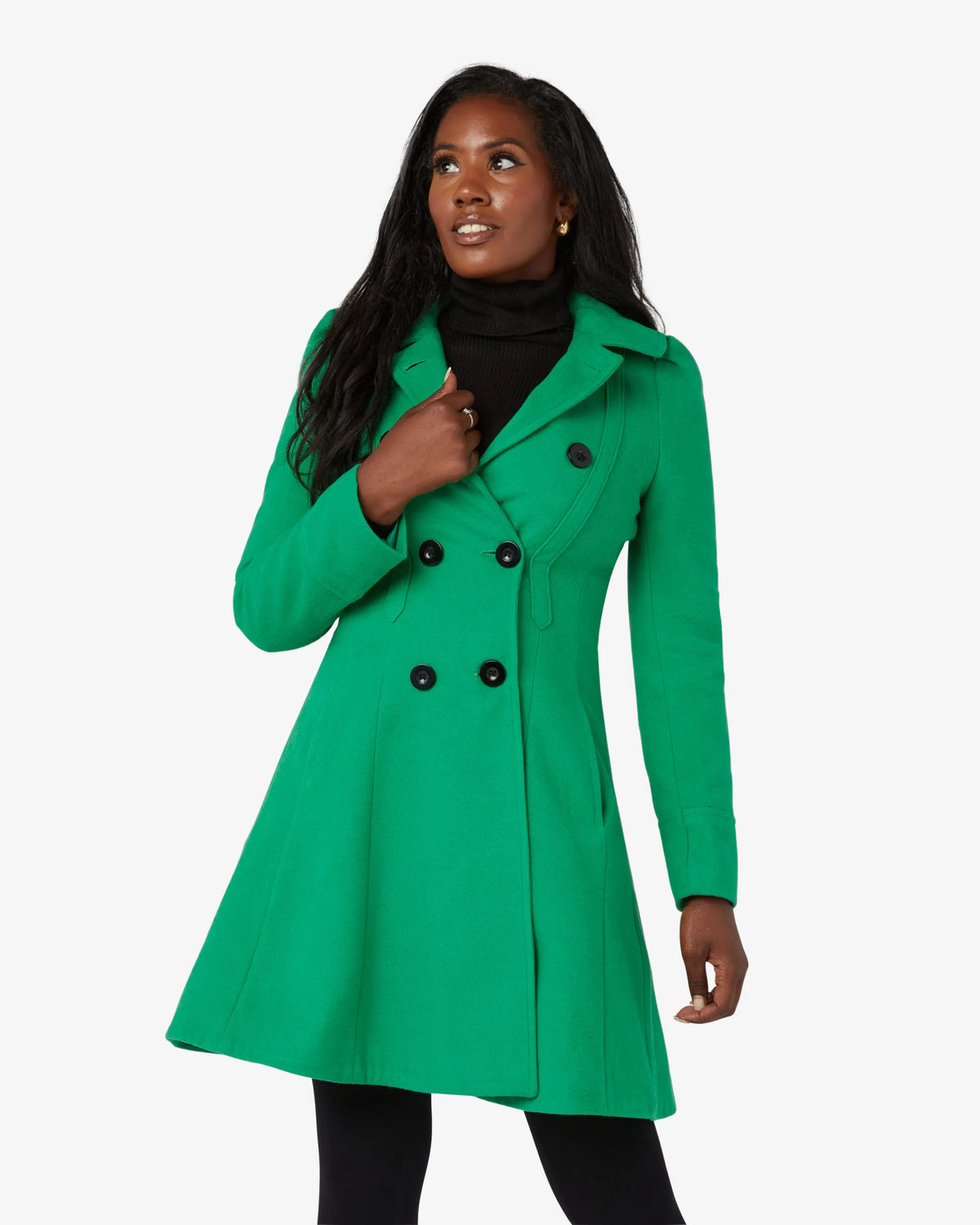 Green double-breasted skater coat with Peter Pan collar, long sleeves and buttons