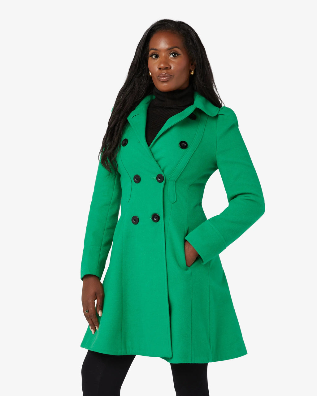 Green double-breasted skater coat with Peter Pan collar, side view.