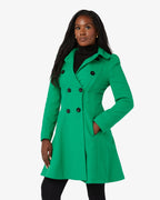 Green double-breasted skater coat with Peter Pan collar, side view.