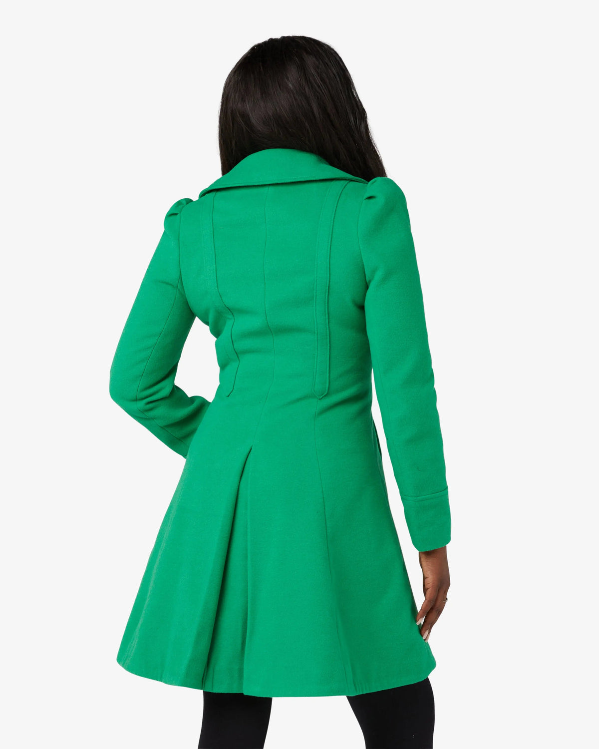 Green double-breasted skater coat with Peter Pan collar, back view.