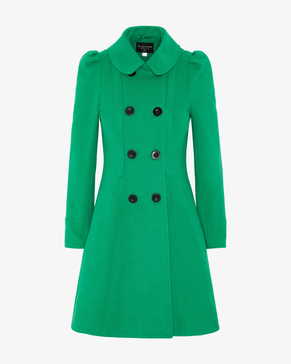 Green double-breasted skater coat with Peter Pan collar, front detail with buttons.