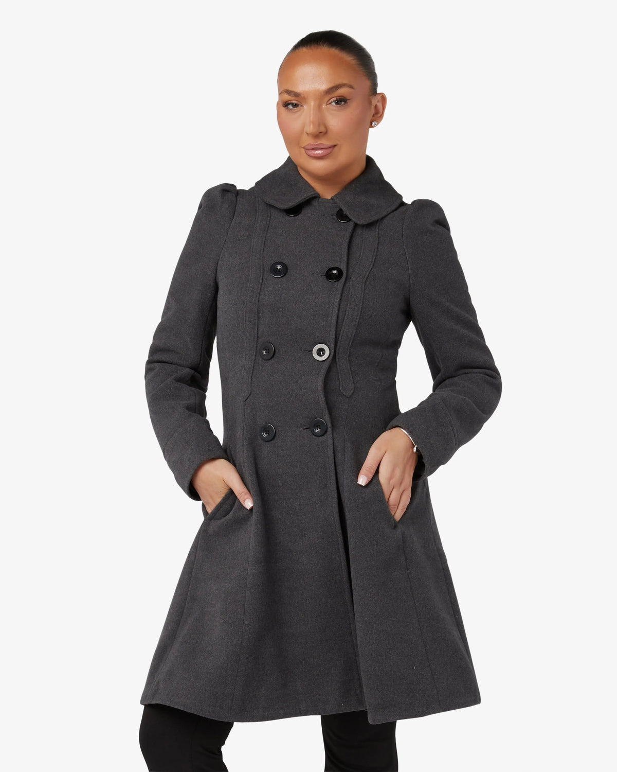 Double-breasted skater coat with Peter Pan collar in dark grey, double button placket
