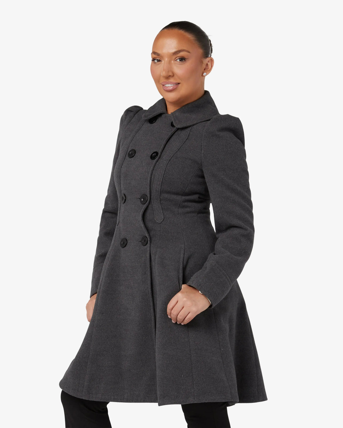 Grey double-breasted skater coat with Peter Pan collar and button front detail