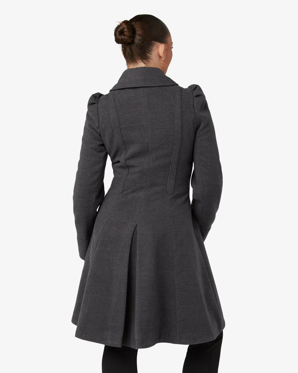 Grey double-breasted skater coat with Peter Pan collar, rear view.