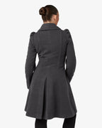 Grey double-breasted skater coat with Peter Pan collar, rear view.