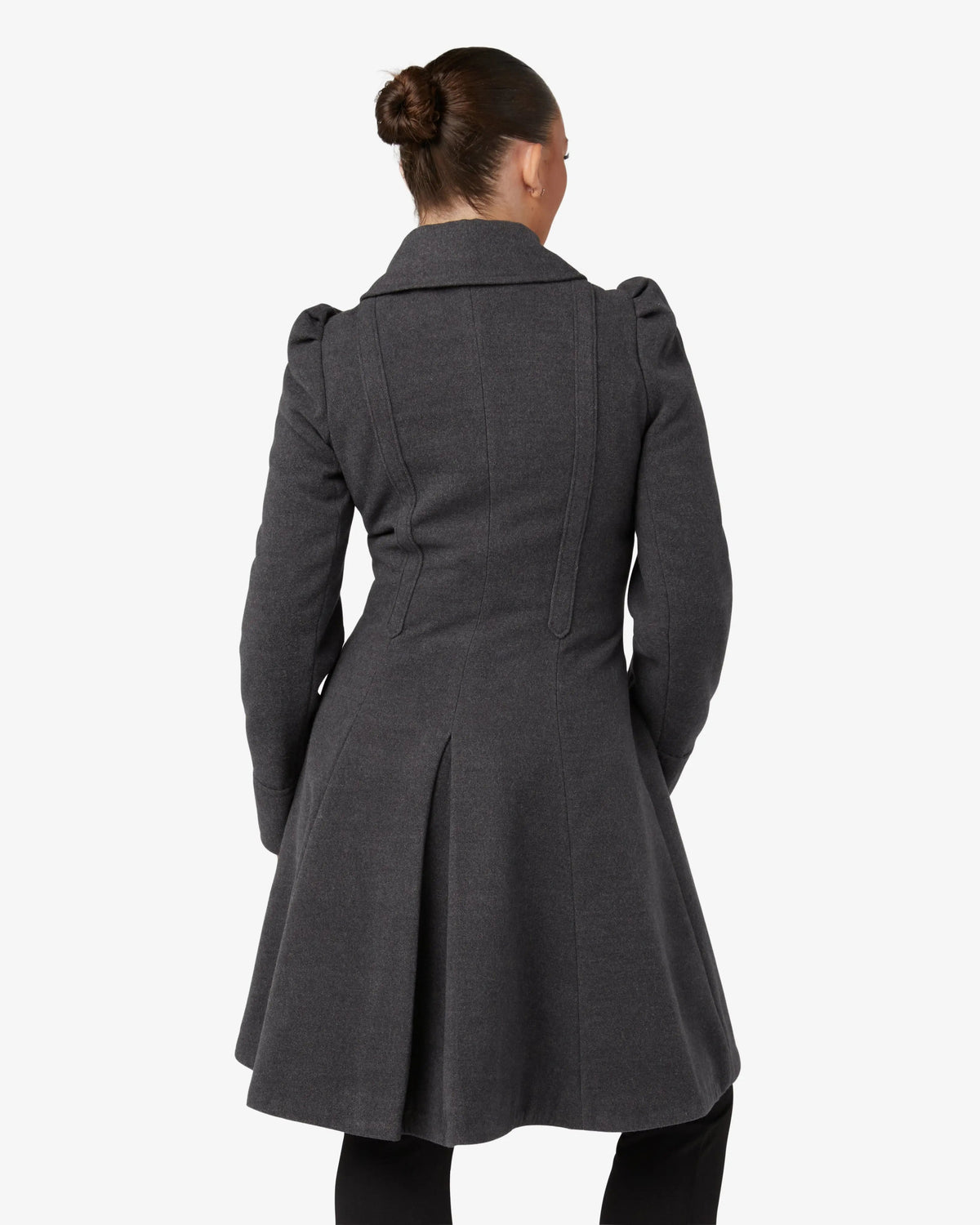 Grey double-breasted skater coat with Peter Pan collar, rear view.