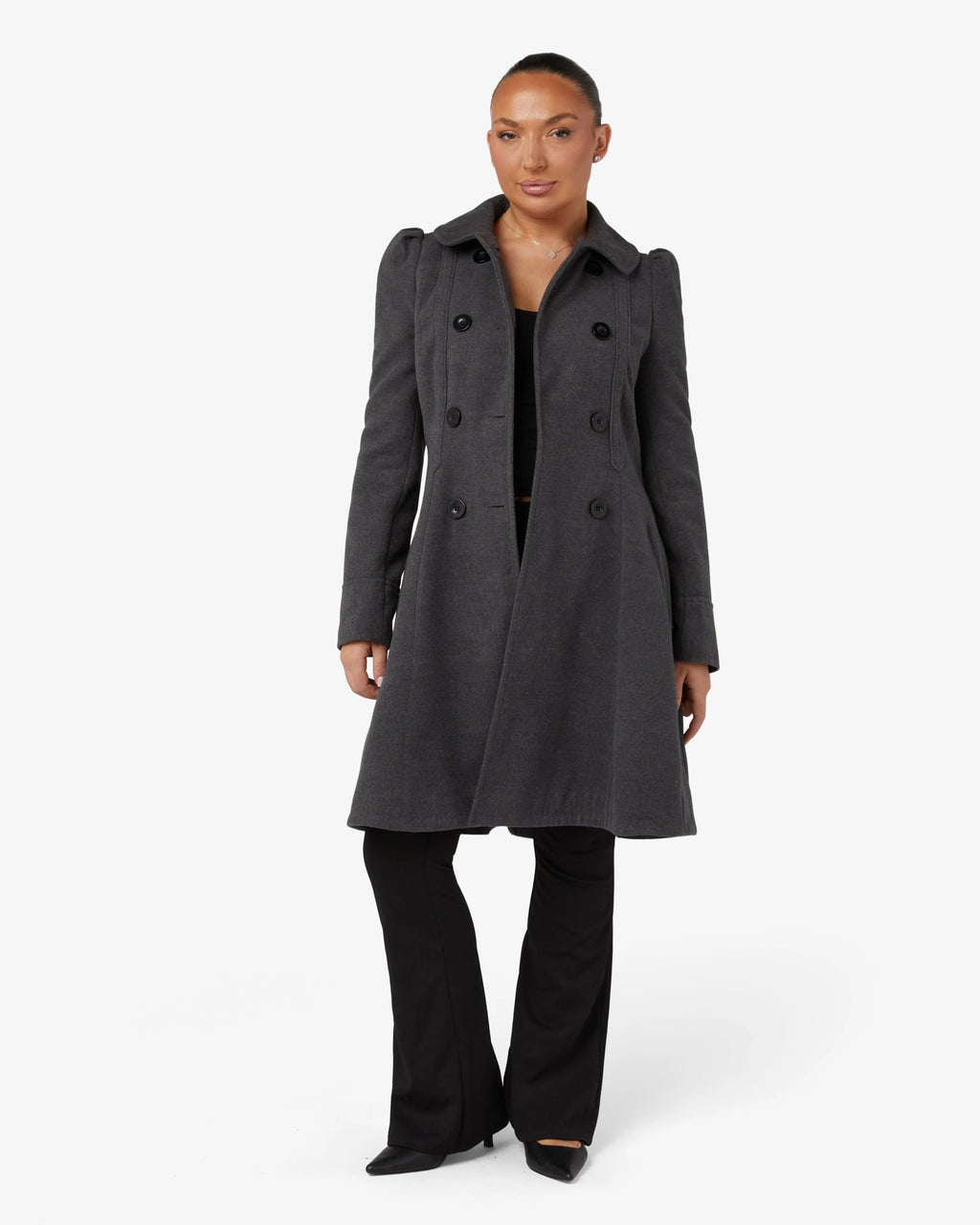 Grey double-breasted skater coat, full front view with Peter Pan collar