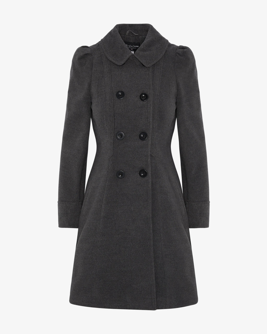 Grey double-breasted skater coat with Peter Pan collar, front view and buttons.