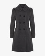 Grey double-breasted skater coat with Peter Pan collar, front view and buttons.