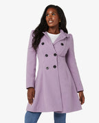 Lilac double-breasted skater coat with Peter Pan collar, model wearing it.