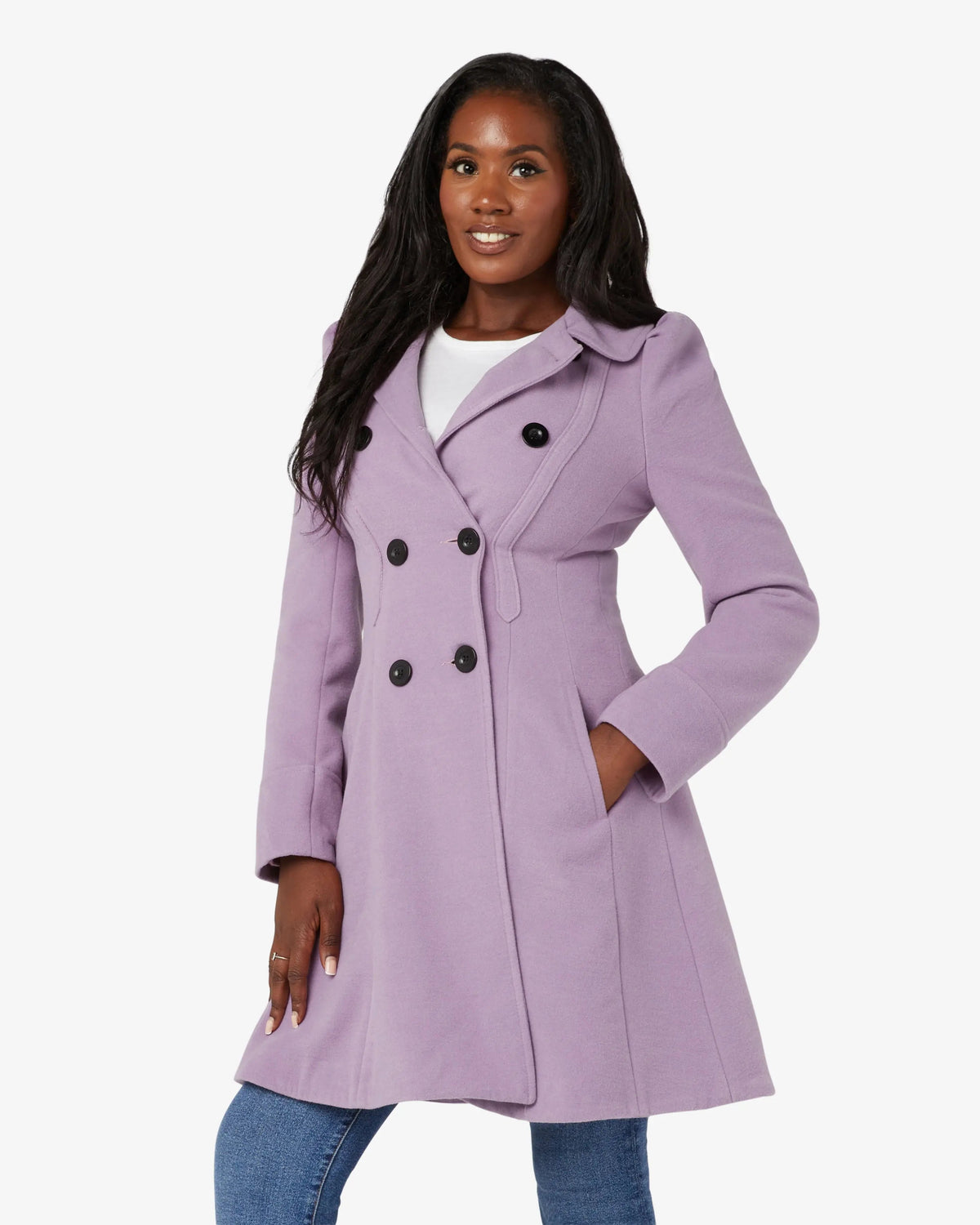 Lilac double-breasted skater coat with Peter Pan collar, long sleeves and button details