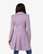 Lilac double-breasted skater coat with Peter Pan collar, back view.