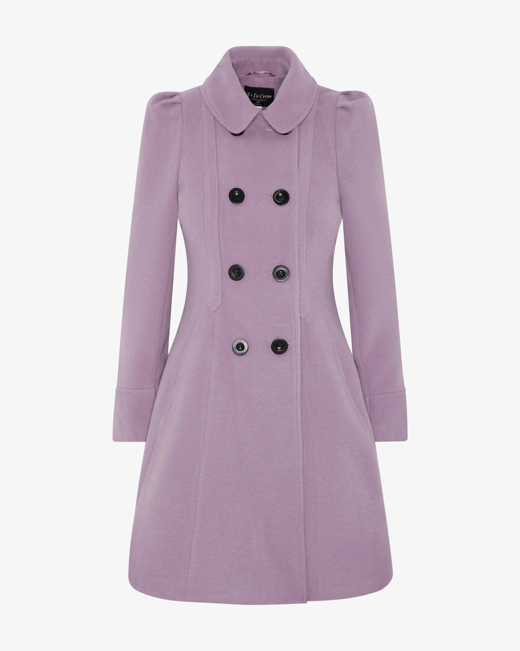 Lilac double-breasted skater coat with Peter Pan collar, front detail with buttons.