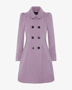 Lilac double-breasted skater coat with Peter Pan collar, front detail with buttons.