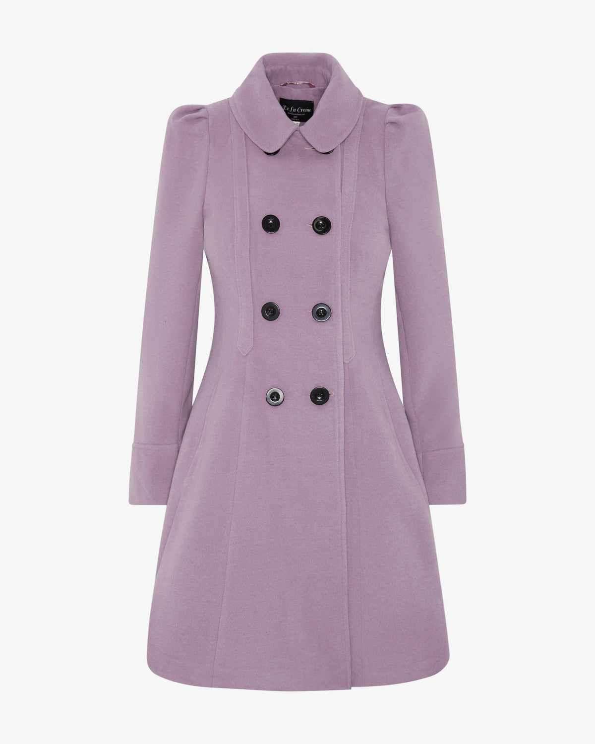 Lilac double-breasted skater coat with Peter Pan collar, front detail with buttons.