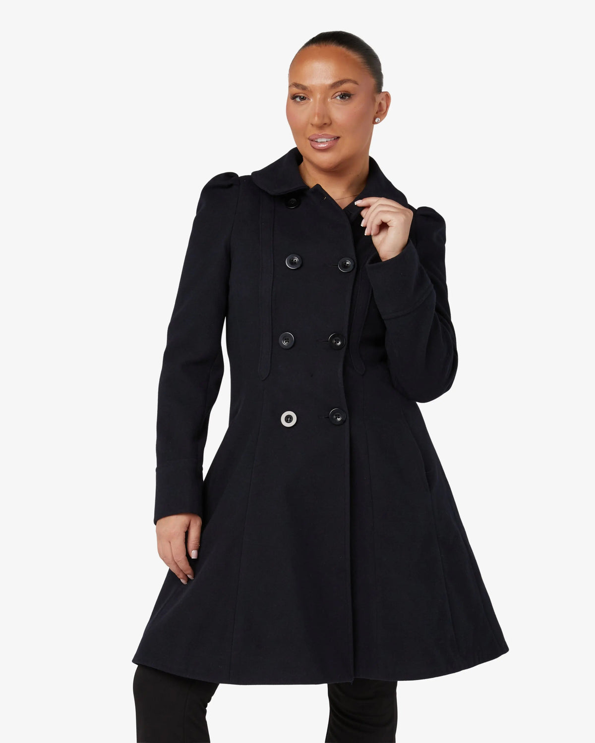 Double-breasted Peter Pan collar skater coat in black with button front and side pockets