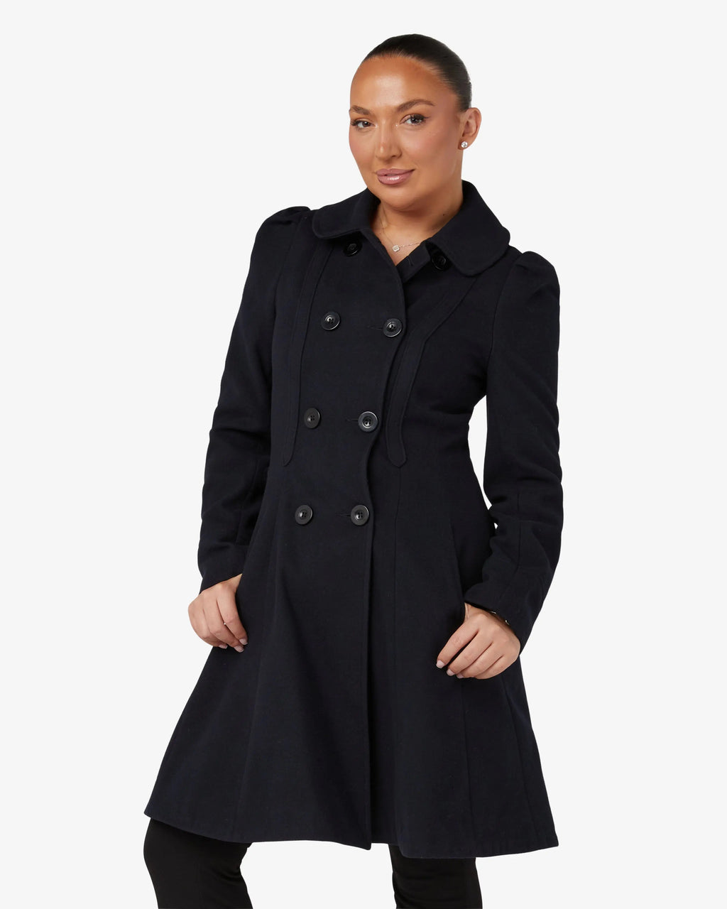 Black double-breasted skater coat with Peter Pan collar, long sleeves, button details