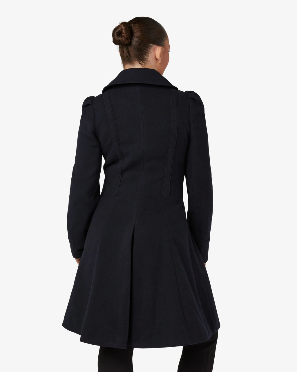 Black double-breasted skater coat with Peter Pan collar, back view, button waist design