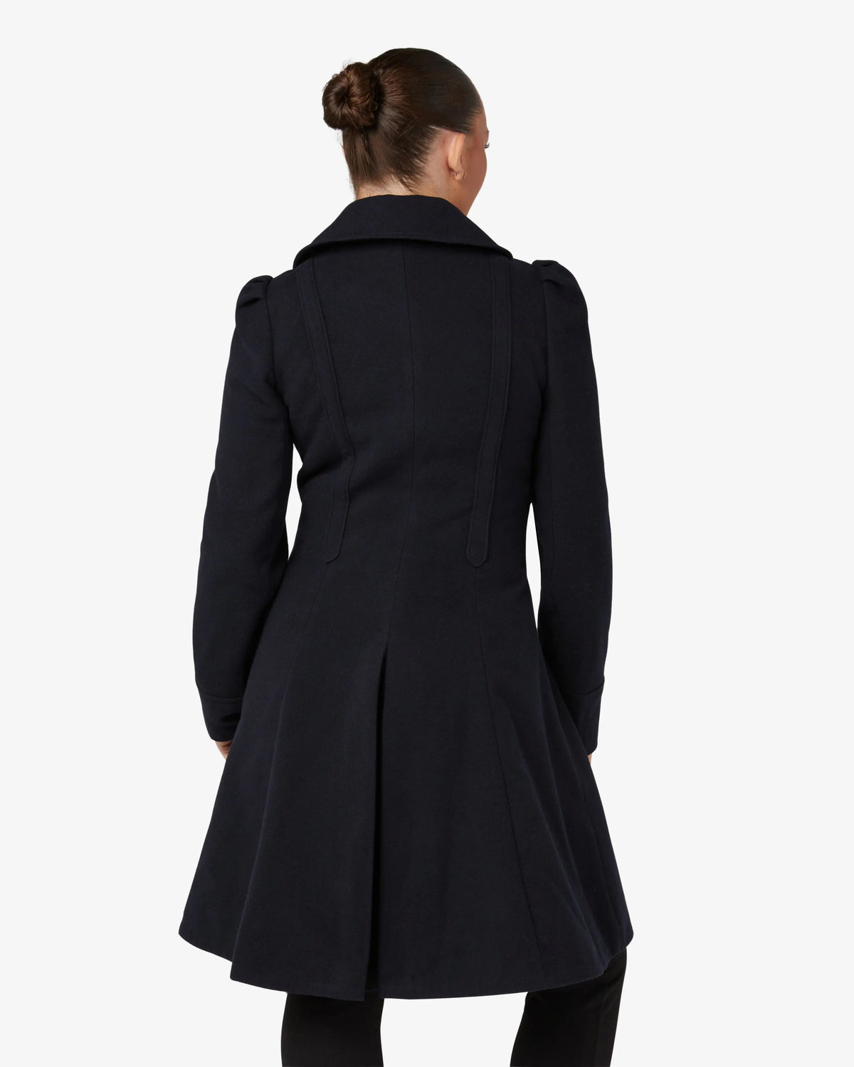 Black double-breasted skater coat with Peter Pan collar, back view, button waist design