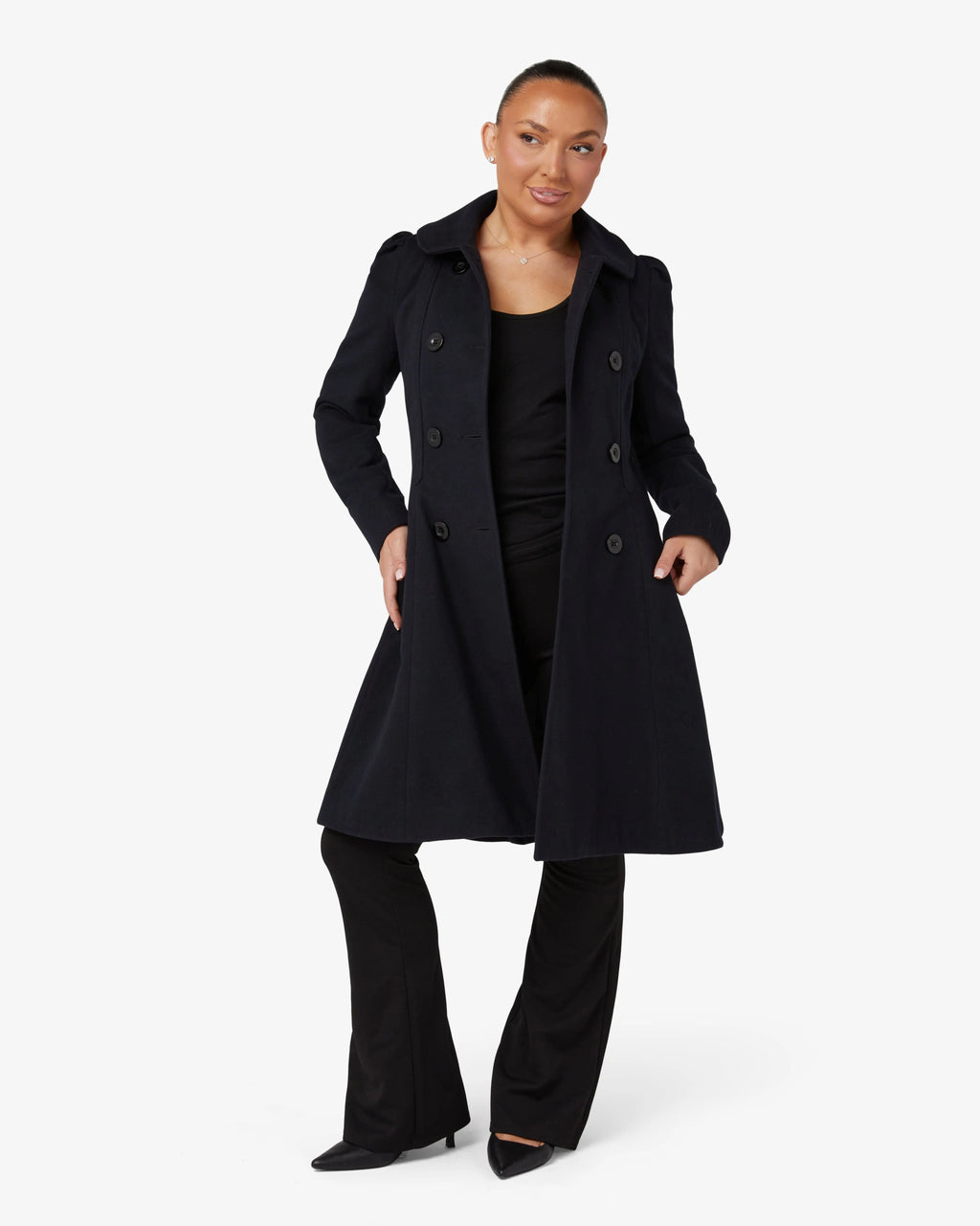 Black double-breasted skater coat with Peter Pan collar, double button front, A-line hem
