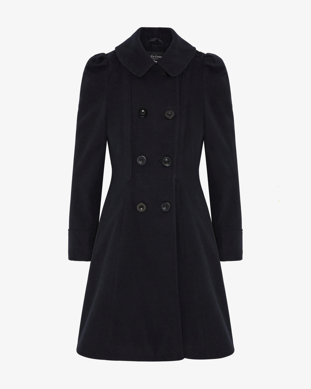 Black double-breasted skater coat with Peter Pan collar and six-button front