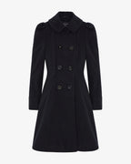 Black double-breasted skater coat with Peter Pan collar and six-button front
