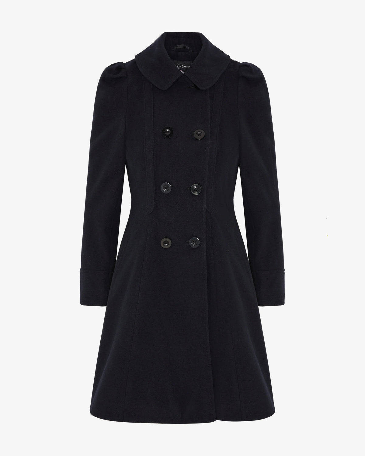 Black double-breasted skater coat with Peter Pan collar and six-button front