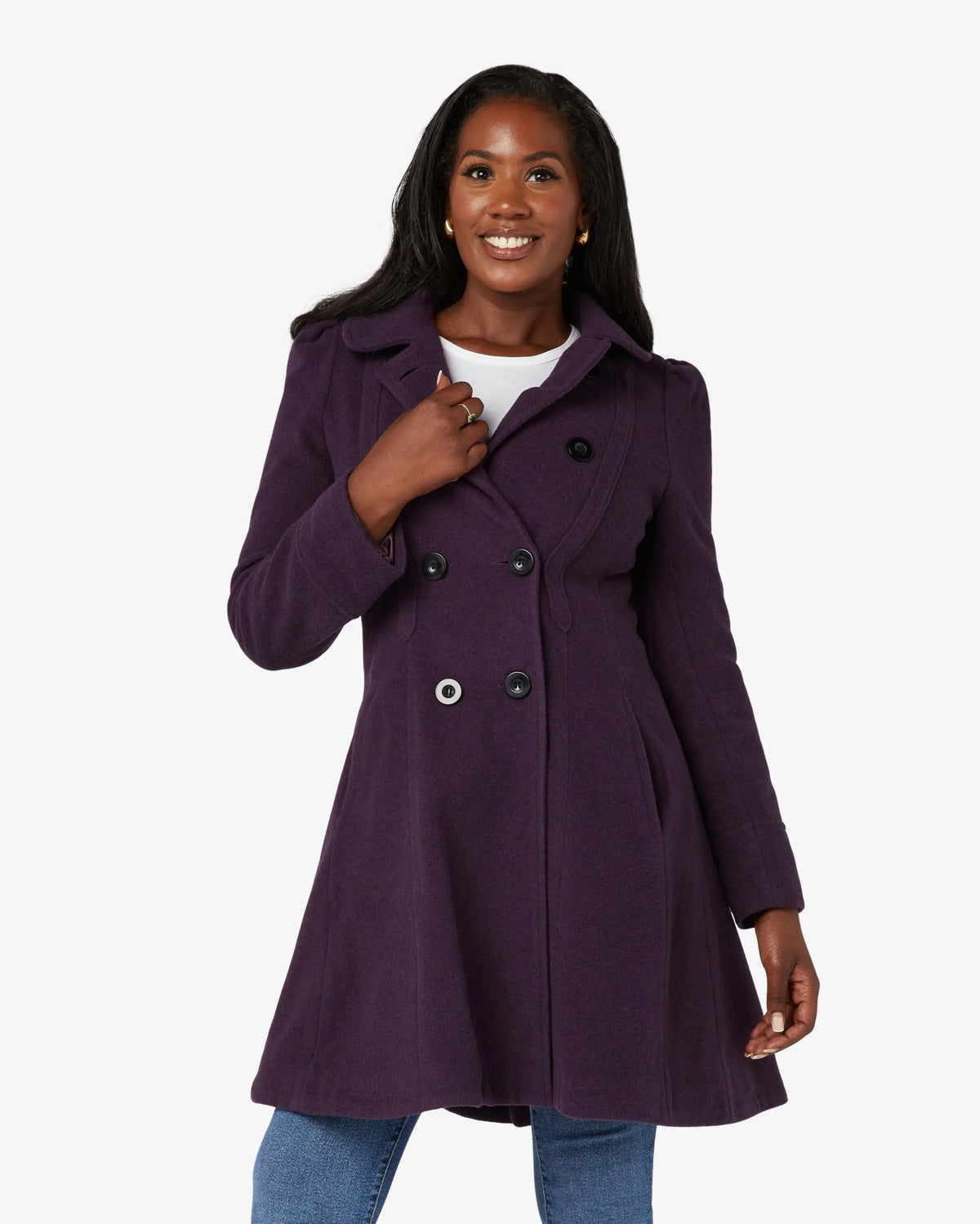 Deep purple double-breasted skater coat with Peter Pan collar, long sleeves and buttoned front
