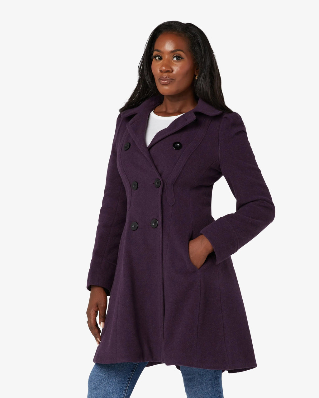 Purple double-breasted skater coat with Peter Pan collar, long sleeves, button rows