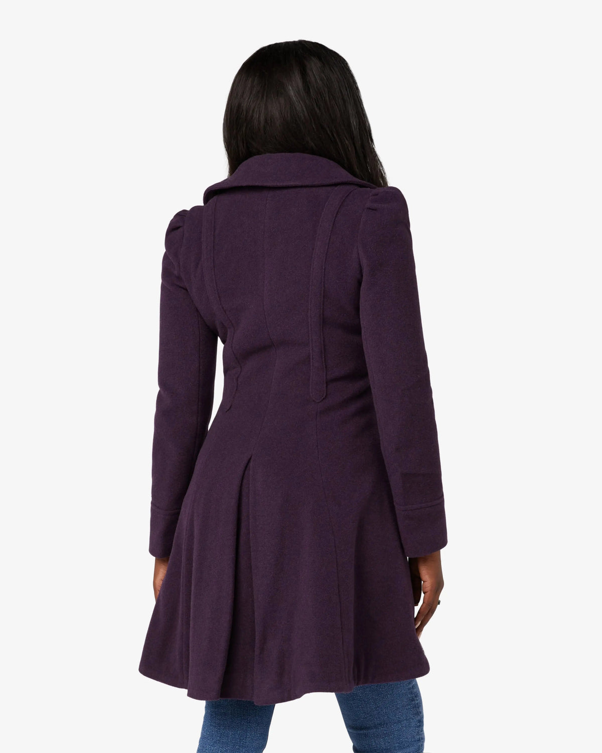 Purple double-breasted skater coat with Peter Pan collar, back view, pleated skirt