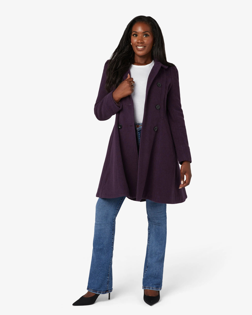 Purple double-breasted skater coat with Peter Pan collar, flared A-line hem, double breasted