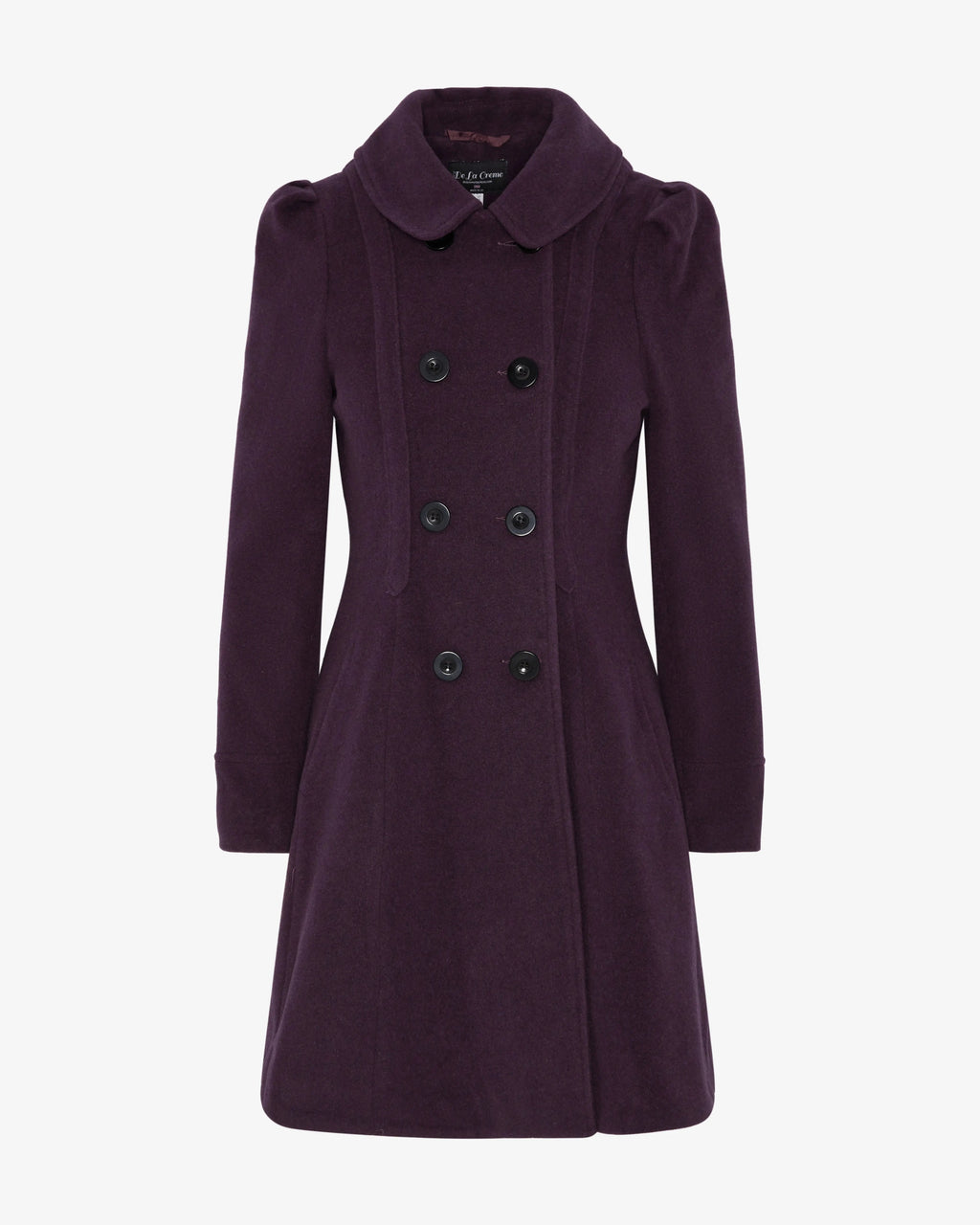 Purple double-breasted skater coat with Peter Pan collar and six-button front