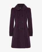 Purple double-breasted skater coat with Peter Pan collar and six-button front