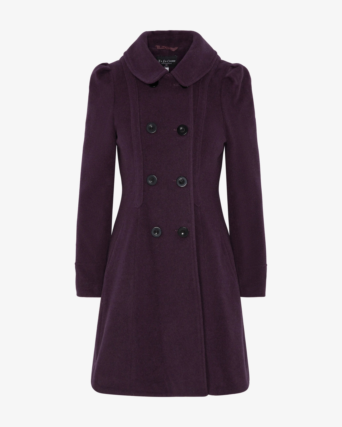 Purple double-breasted skater coat with Peter Pan collar and six-button front