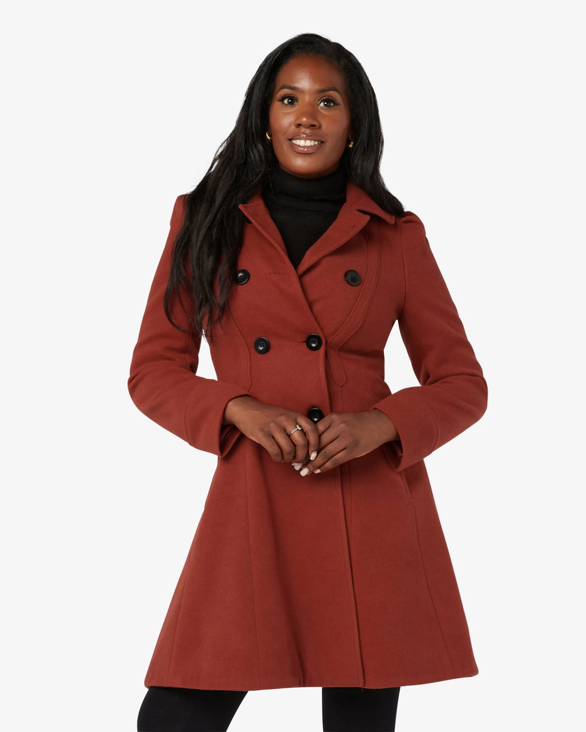 Rust-brown double-breasted skater coat with Peter Pan collar, long sleeves and buttons