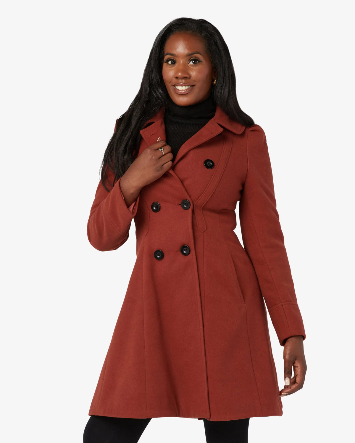 Rust double-breasted skater coat with Peter Pan collar and six-button front, long sleeves