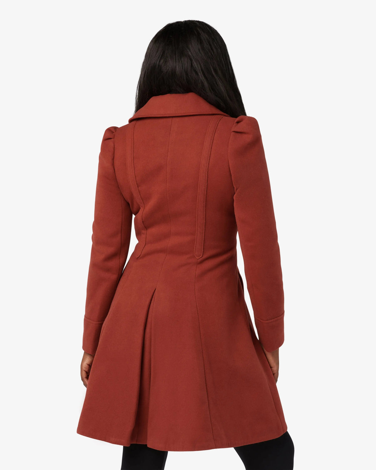 Rust double-breasted skater coat with Peter Pan collar, back view, seam and flare hem