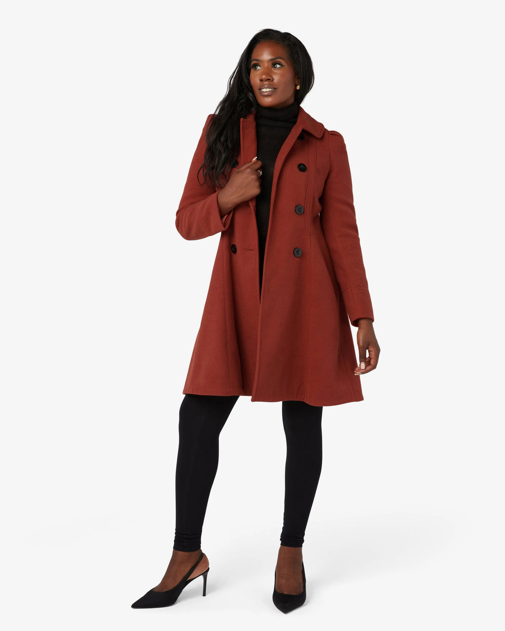 Double-breasted skater coat with Peter Pan collar, rust-brown color, button front