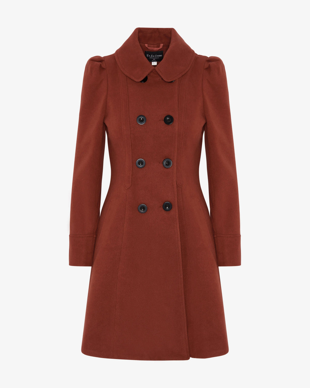 Double-breasted Peter Pan collar skater coat in rust-brown, black button accents