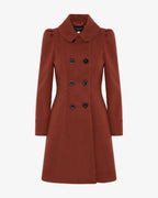 Double-breasted Peter Pan collar skater coat in rust-brown, black button accents