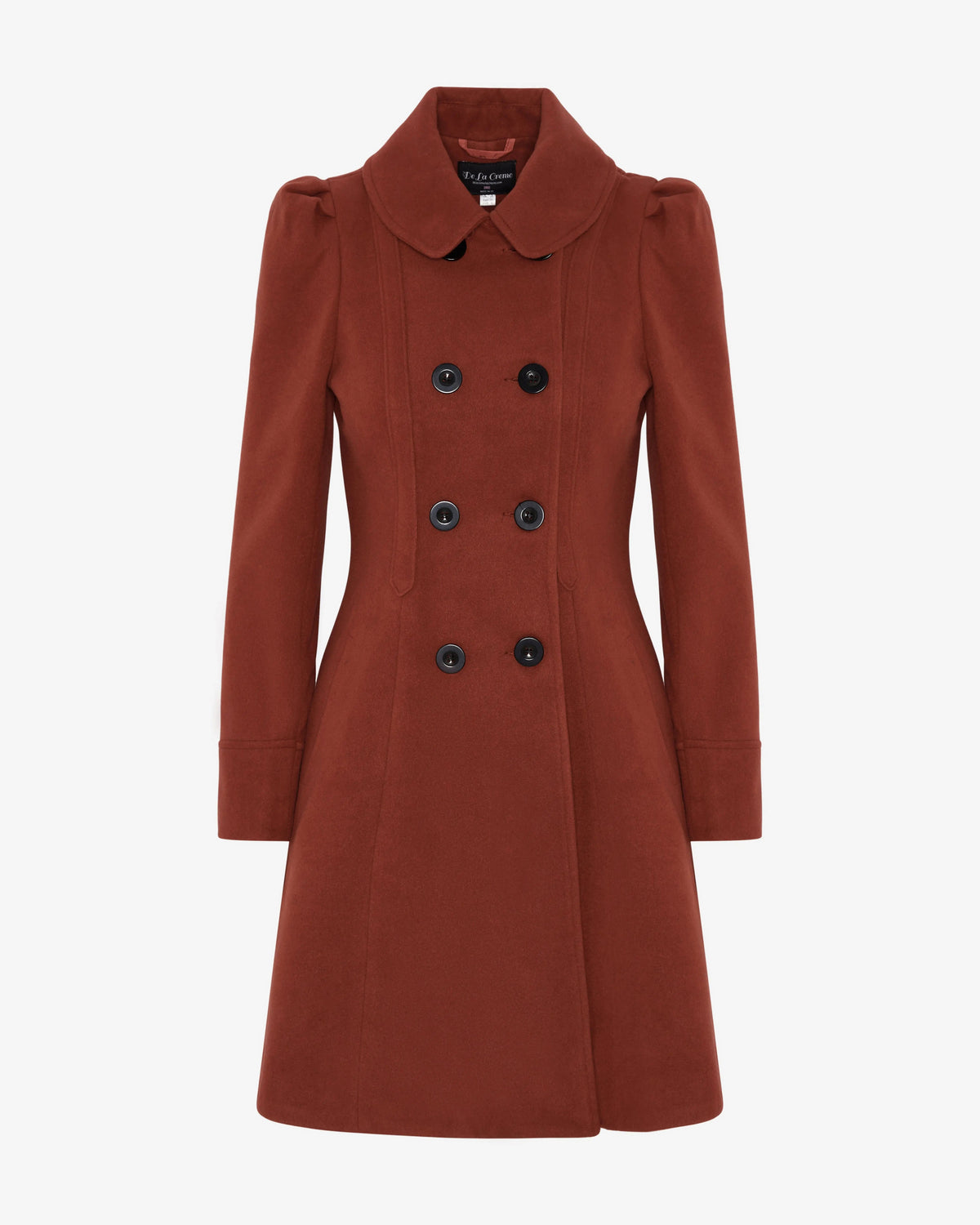Double-breasted Peter Pan collar skater coat in rust-brown, black button accents