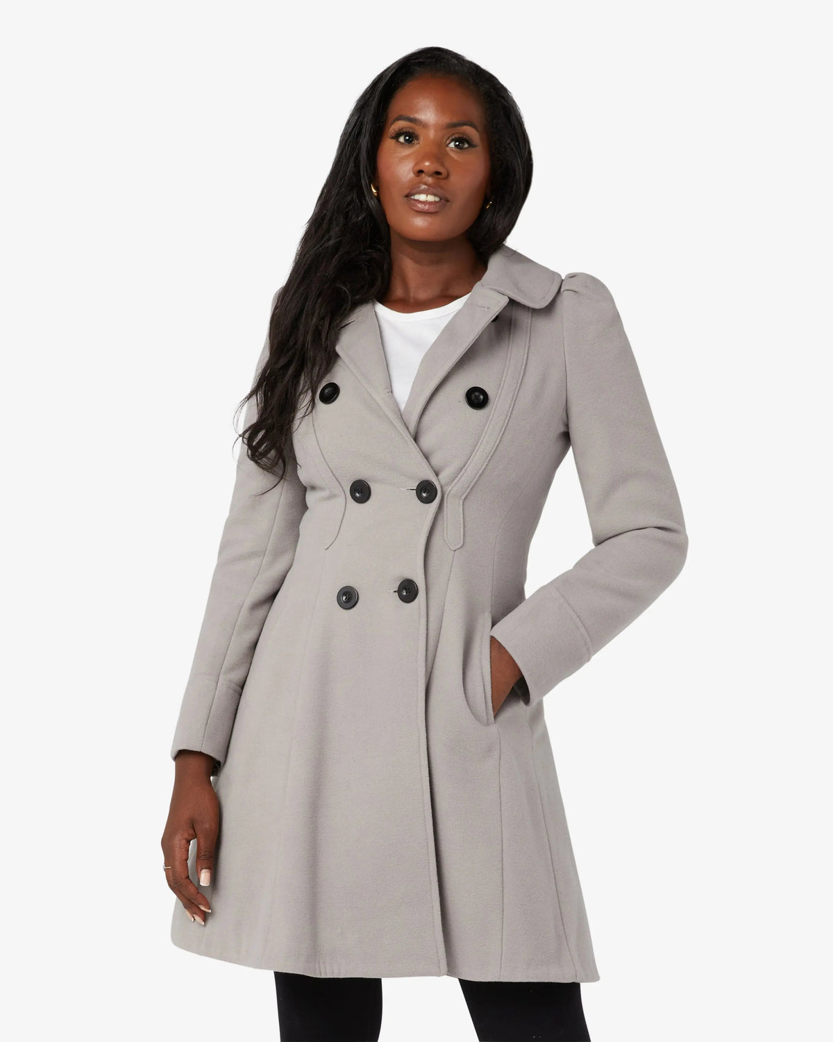 Light gray double-breasted skater coat with Peter Pan collar, long sleeves and buttons