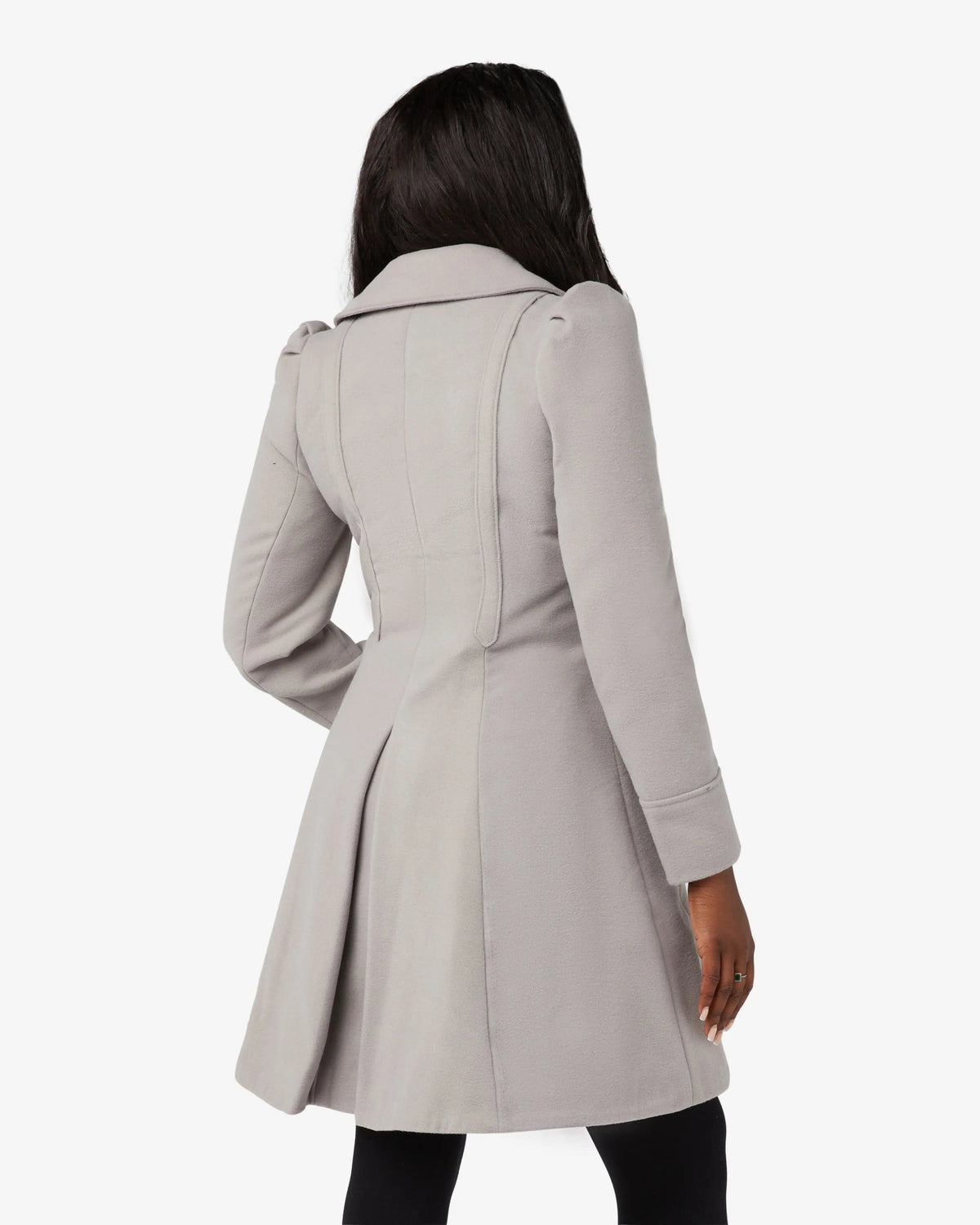 Double-breasted skater coat in light grey with Peter Pan collar, back view