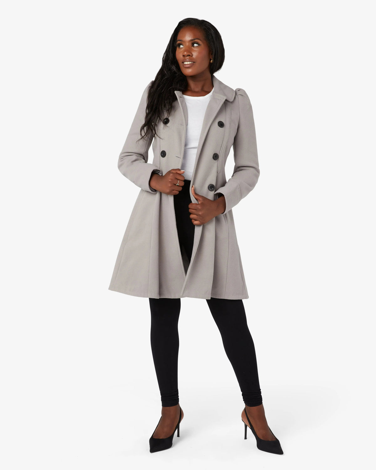 Double-breasted Peter Pan collar skater coat in light grey, front view with buttons
