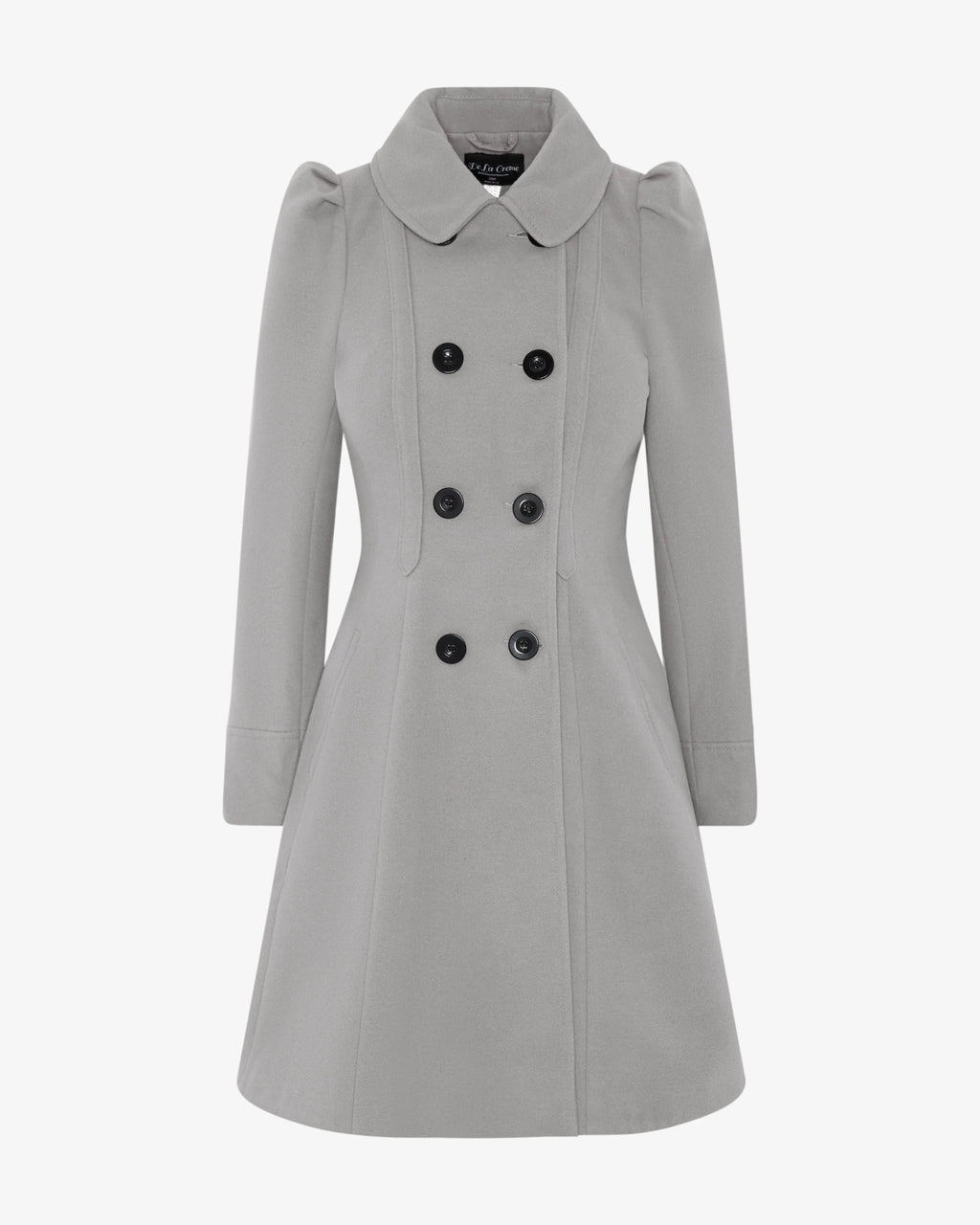 Double-breasted skater coat with Peter Pan collar in light grey, centered button placket