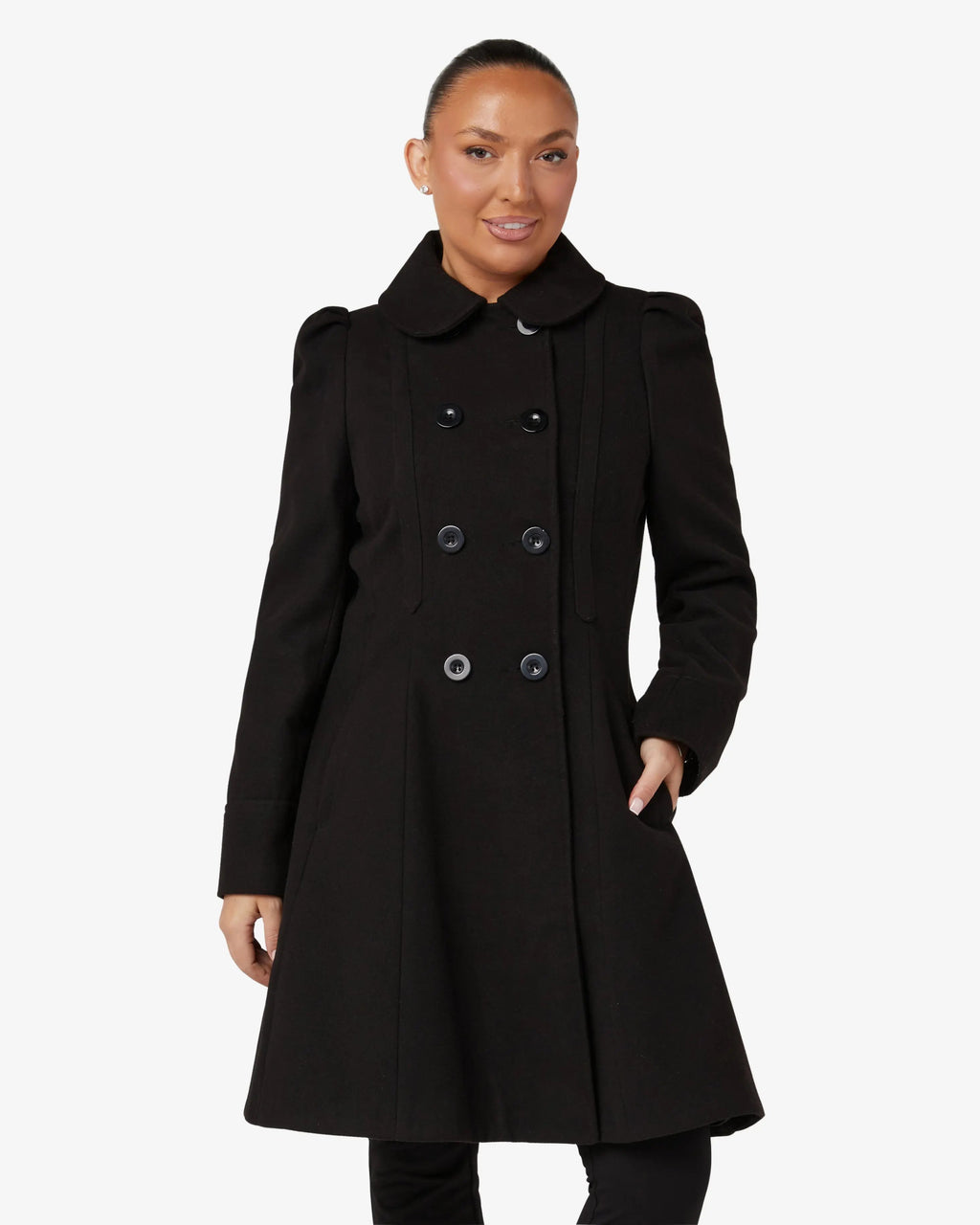 Double-breasted Peter Pan collar skater coat in black, dark buttons, knee-length