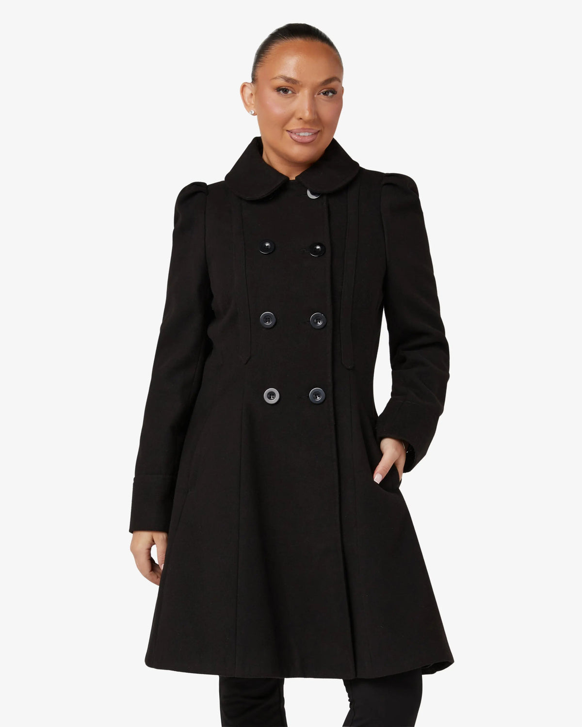 Double-breasted Peter Pan collar skater coat in black, dark buttons, knee-length