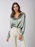 Olive green satin-style button-up shirt blouse with pointed collar and long sleeves
