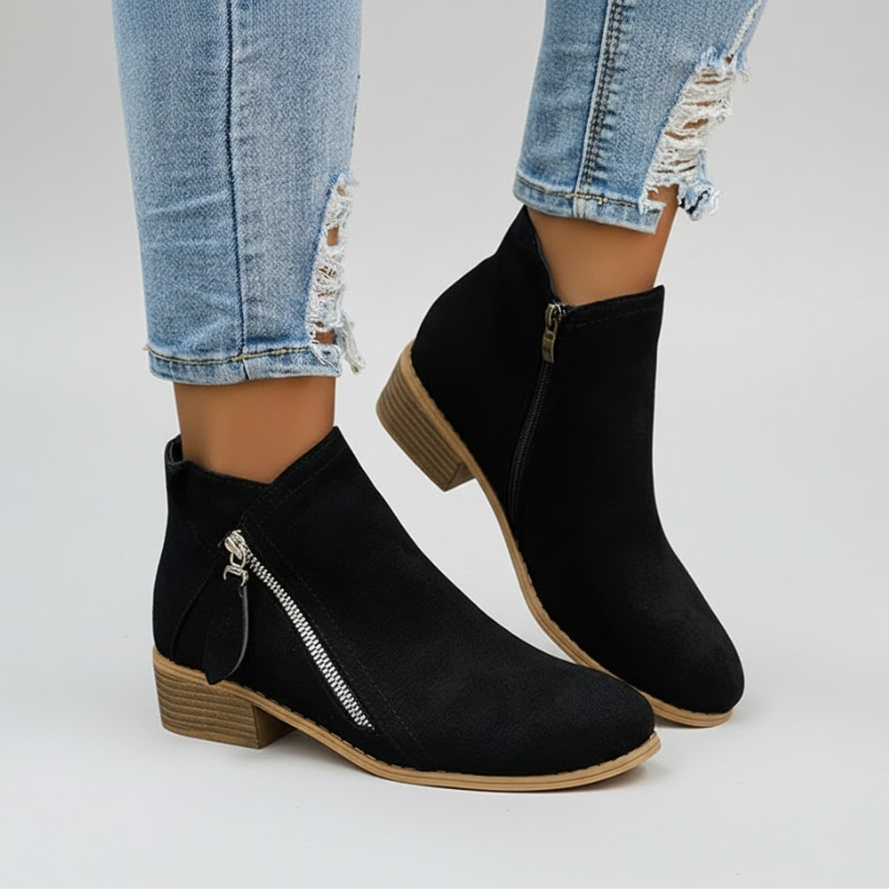 Black suede zip ankle boots with side zipper and low block heel