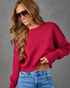 Burgundy cropped knit crewneck sweater with ribbed cuffs and waistband